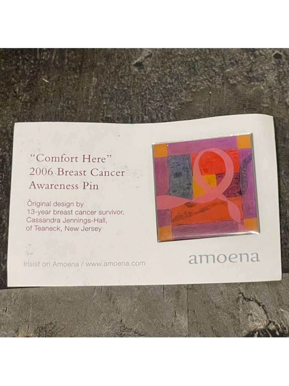 Vintage Breast Cancer Awareness Enamel Pin Square Amoena 2006 Pink Ribbon Brooch - Picture 1 of 6